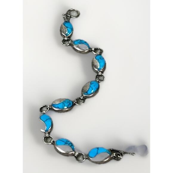 VTG Taxco Sterling Silver Turquoise Inlay Linked Oval Bracelet 7.75” Toggle - Picture 8 of 15